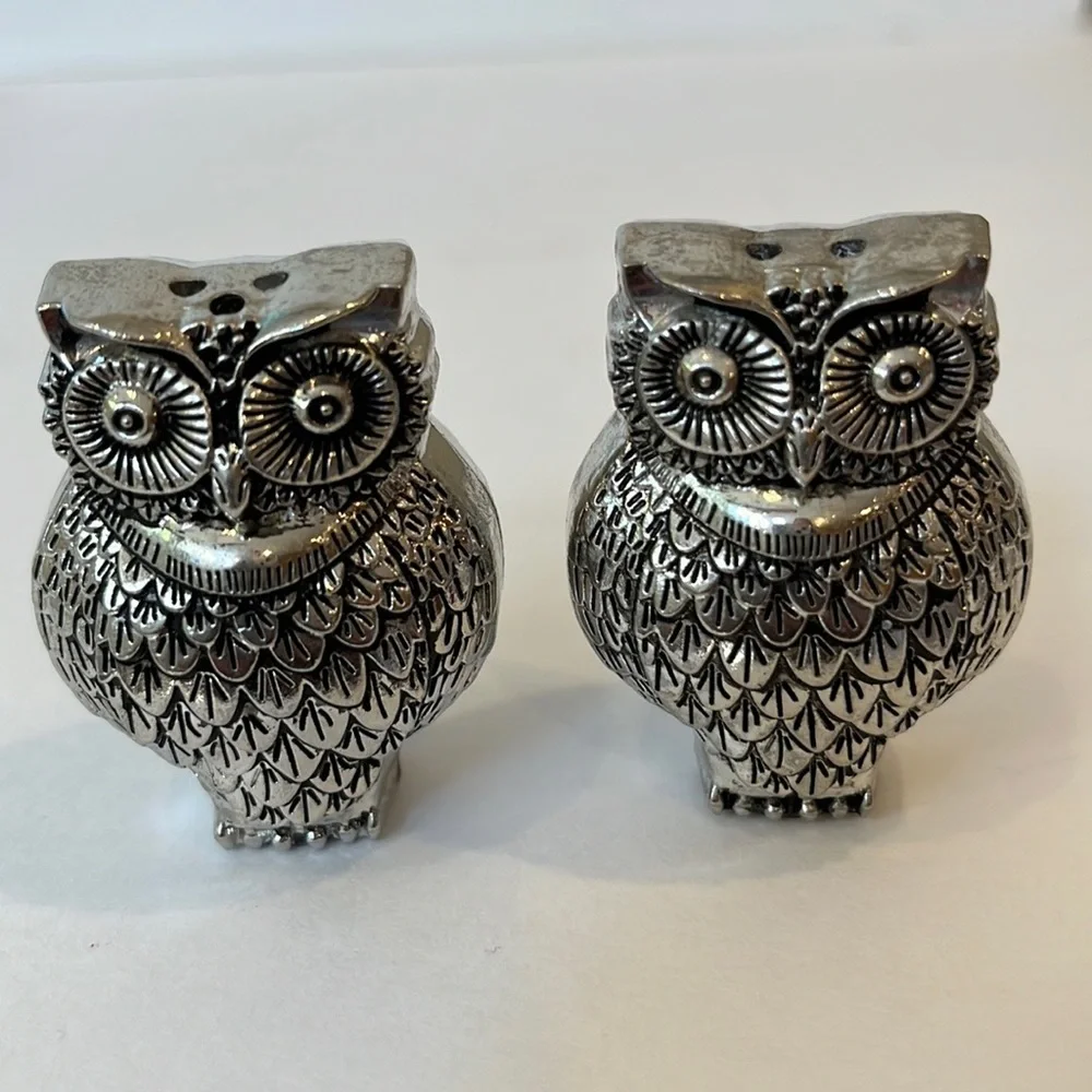 Pier 1 owl figurine salt & pepper shaker set silver tone metal kitchen decor